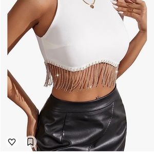 Milumia Women Rhinestone Fringe Pullover Sleeveless Round Neck Fitted Crop Tank